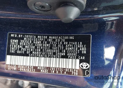 2020 Toyota Corolla Le from USA, damaged, VIN 5YFEPRAE4LP128297